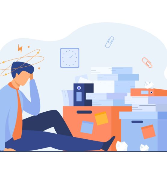 Tired man sitting on floor with paper document piles around flat vector illustration. Cartoon frustrated office employee doing paperwork. Business, fatigue and bureaucracy concept