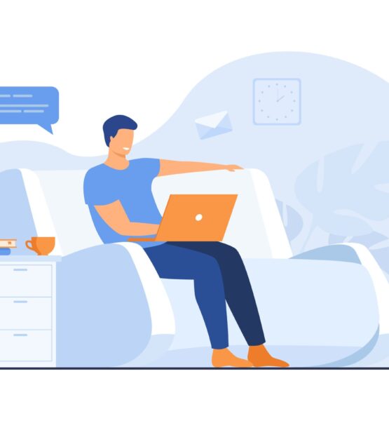 Cartoon man sitting at home with laptop isolated flat vector illustration. Young businessman on sofa with computer. Lifestyle, freelance and chat concept